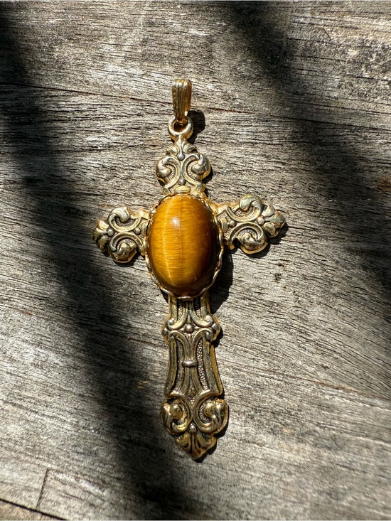 Jewelry - Gold-Tone Cross Pendant Necklace with Tiger's Eye Cabochon